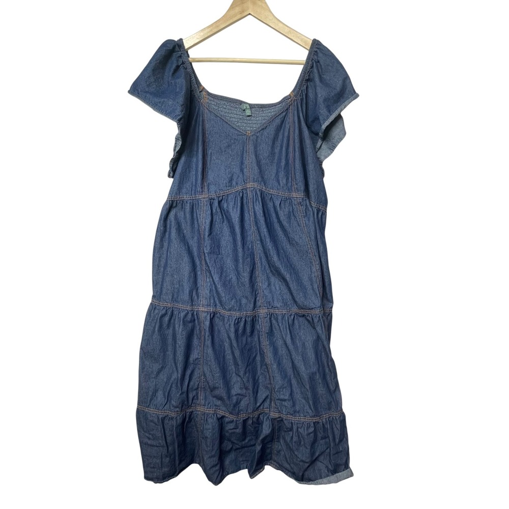 Terra & Sky Blue Denim Tiered Midi Dress Smocked Back Flutter Sleeve 2X 20W-22W